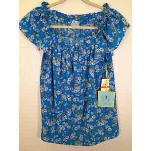 CeCe Womens XS Square Neck Party Top Ocean Blue Floral Print Baby Doll